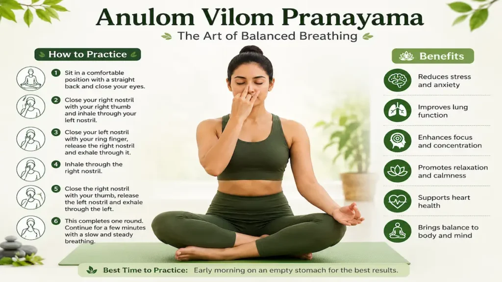 Anulom Vilom Pranayama benefits and steps with alternate nostril breathing yoga practice