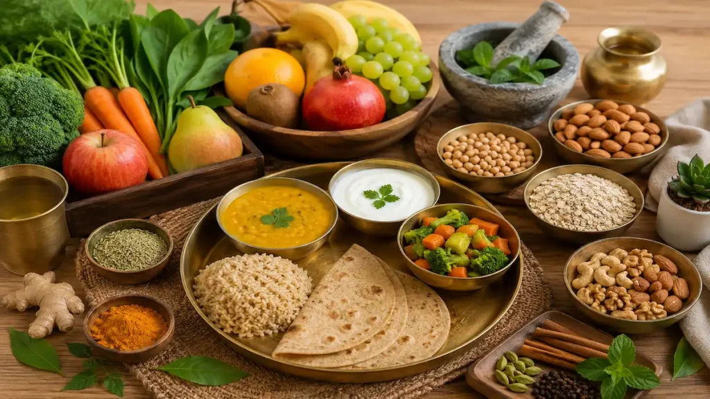Ayurvedic diet with healthy foods, fresh fruits, vegetables, grains, herbs, spices, and a balanced traditional Indian meal.
