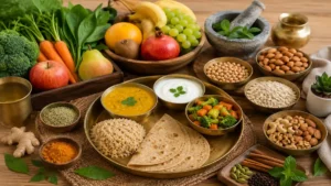 Ayurvedic diet with healthy foods, fresh fruits, vegetables, grains, herbs, spices, and a balanced traditional Indian meal.