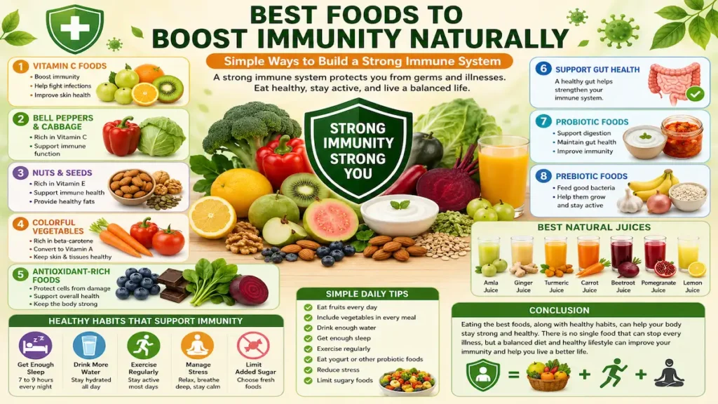 Best Foods to Boost Immunity Naturally infographic showing vitamin C foods, vegetables, nuts, probiotics, and healthy habits for strong immune system