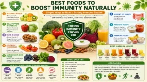 Best Foods to Boost Immunity Naturally infographic showing vitamin C foods, vegetables, nuts, probiotics, and healthy habits for strong immune system
