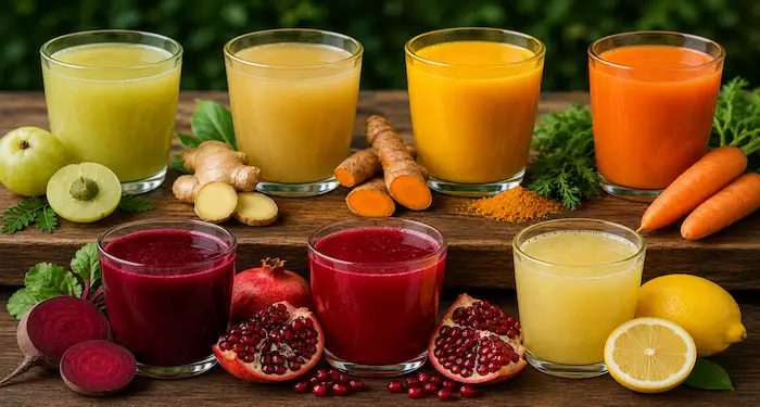 Amla juice, ginger juice, turmeric juice, carrot juice, beetroot juice, pomegranate juice, and lemon juice for immunity support.