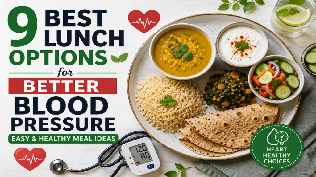 Best Lunch Options for Better Blood Pressure featuring healthy lunch foods including dal, brown rice, multigrain roti, yogurt, fresh salad, and heart-friendly meal choices