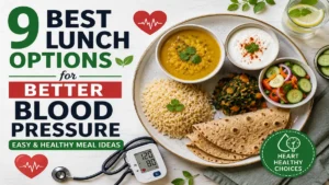 Best Lunch Options for Better Blood Pressure featuring healthy lunch foods including dal, brown rice, multigrain roti, yogurt, fresh salad, and heart-friendly meal choices