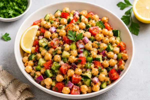 Chickpea salad healthy lunch for blood pressure with fresh vegetables, fiber, and plant protein