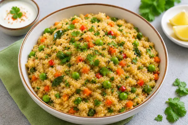 Oats vegetable upma healthy lunch for blood pressure with oats, vegetables, and balanced nutrition