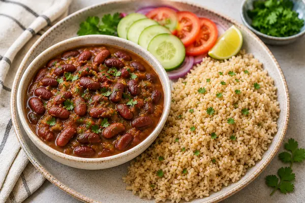 Rajma and brown rice healthy lunch for blood pressure with protein, fiber, and balanced nutrition