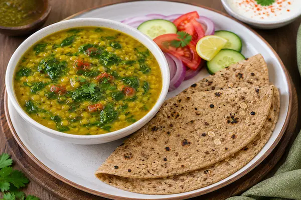 Spinach dal and multigrain roti healthy lunch for blood pressure with protein, fiber, and leafy greens