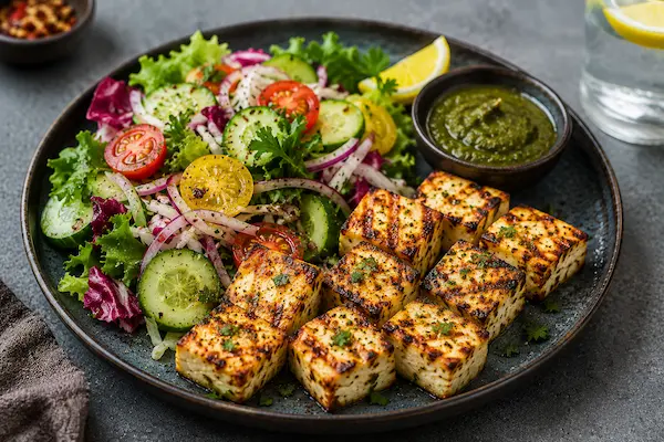 Grilled paneer with fresh salad healthy lunch for blood pressure rich in protein and balanced nutrition
