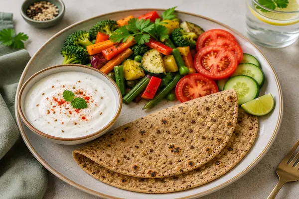 Yogurt vegetables and multigrain roti healthy lunch for blood pressure with balanced nutrition and fresh ingredients