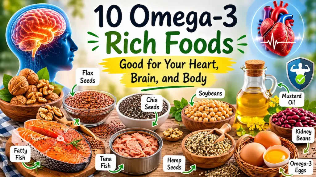 Omega-3 rich foods including flax seeds, chia seeds, walnuts, fatty fish, tuna, soybeans, hemp seeds, kidney beans, mustard oil, and Omega-3 eggs for heart, brain, and body health