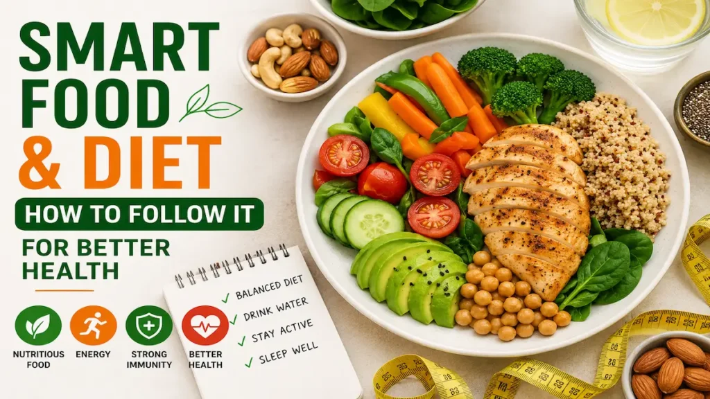 Smart Food and Diet plate with healthy foods including vegetables, grains, nuts, and protein for better health and nutrition