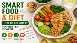 Smart Food and Diet: Benefits, Healthy Food Choices & Easy Tips Smart Food and Diet plate with healthy foods including vegetables, grains, nuts, and protein for better health and nutrition