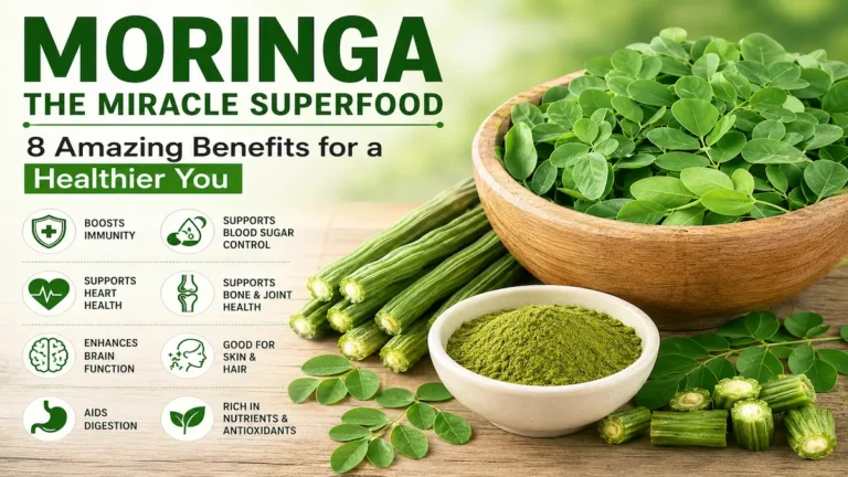 Moringa benefits infographic showing moringa leaves, drumsticks, and moringa powder with key health benefits for immunity, heart health, digestion, and overall wellness