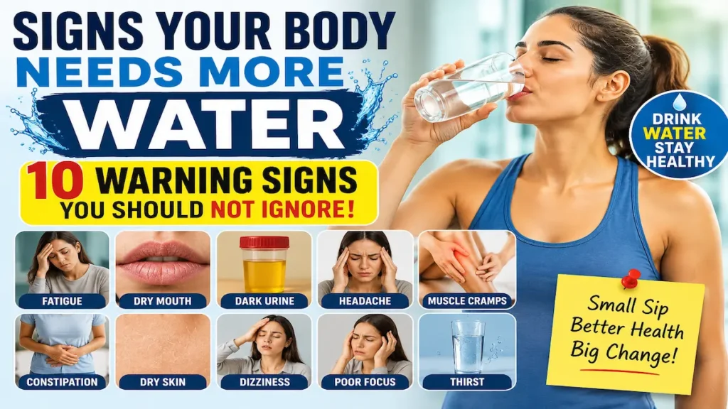 Signs Your Body Needs More Water: 10 Warning Signs Signs Your Body Needs More Water infographic showing dehydration symptoms like thirst, fatigue, headache, dark urine, dry mouth, and dizziness