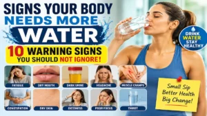 Signs Your Body Needs More Water infographic showing dehydration symptoms like thirst, fatigue, headache, dark urine, dry mouth, and dizziness
