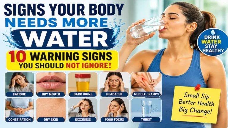 Signs Your Body Needs More Water infographic showing dehydration symptoms like thirst, fatigue, headache, dark urine, dry mouth, and dizziness