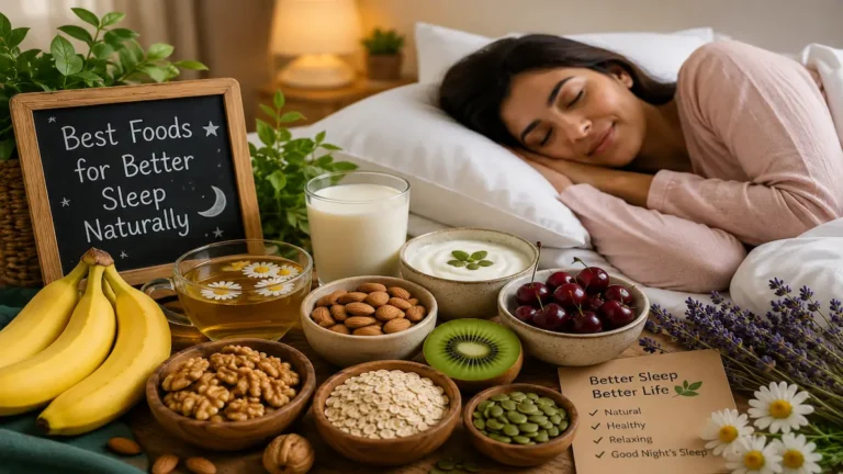 Best Foods for Better Sleep Naturally featuring a peacefully sleeping woman with bananas, almonds, walnuts, kiwi, milk, yogurt, cherries, and chamomile tea