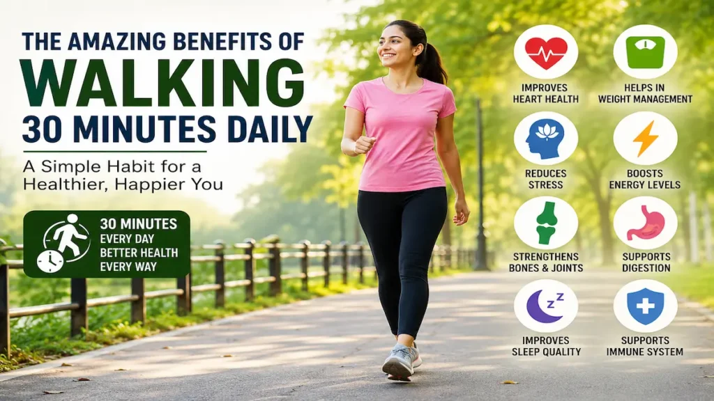 Walking 30 Minutes Daily benefits infographic showing a woman walking in a park for better heart health, weight management, energy, sleep, and overall wellness.