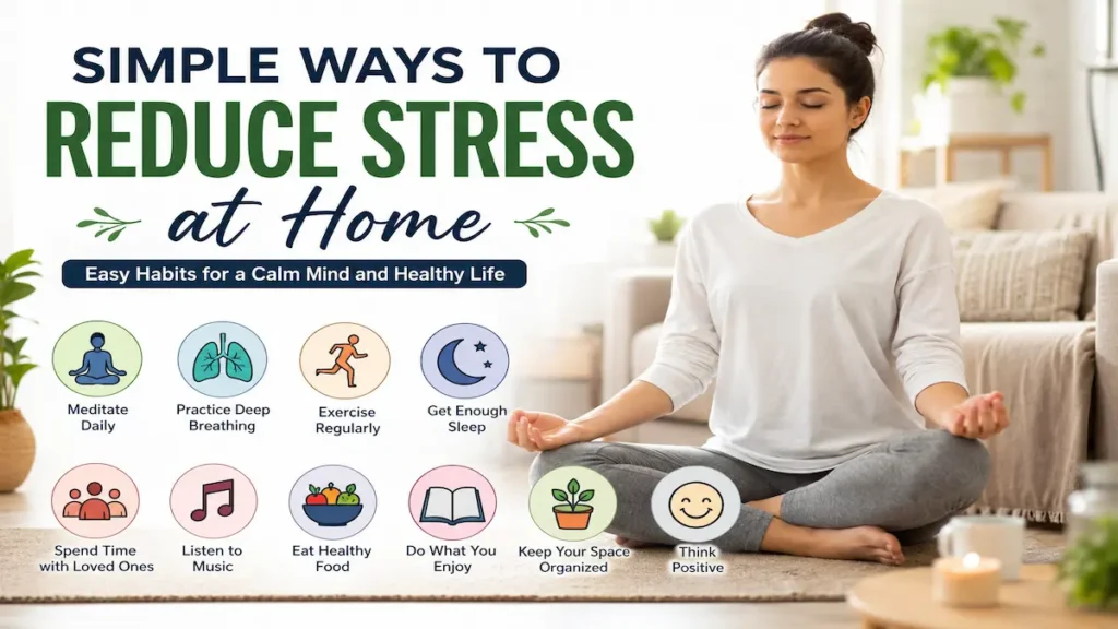 Woman practicing meditation and healthy habits to reduce stress at home naturally and improve mental well-being