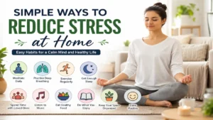 Woman practicing meditation and healthy habits to reduce stress at home naturally and improve mental well-being