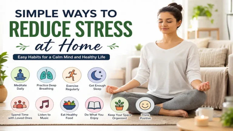 Woman practicing meditation and healthy habits to reduce stress at home naturally and improve mental well-being
