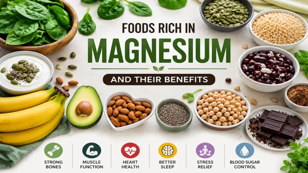 Foods Rich in Magnesium and Their Benefits Foods rich in magnesium including spinach, nuts, seeds, bananas, legumes, and whole grains for energy, heart health, and strong bones
