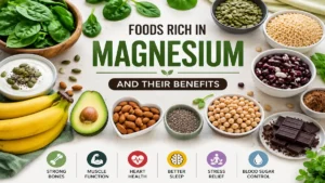 Foods rich in magnesium including spinach, nuts, seeds, bananas, legumes, and whole grains for energy, heart health, and strong bones