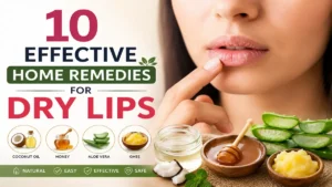 Infographic showing home remedies for dry lips including coconut oil, honey, aloe vera, and ghee with a woman treating chapped lips