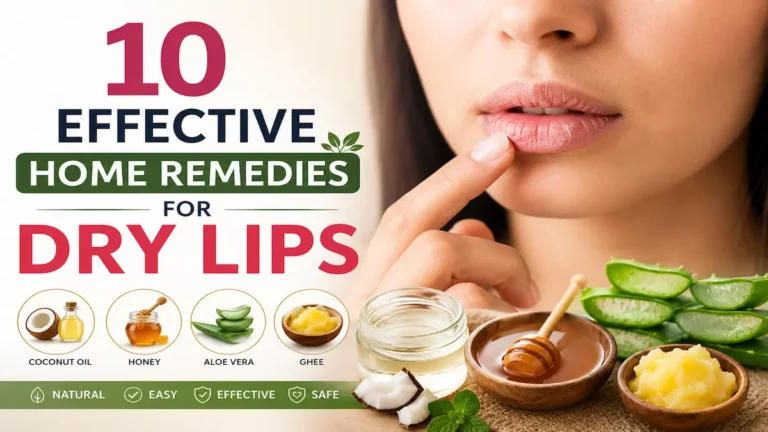Infographic showing home remedies for dry lips including coconut oil, honey, aloe vera, and ghee with a woman treating chapped lips