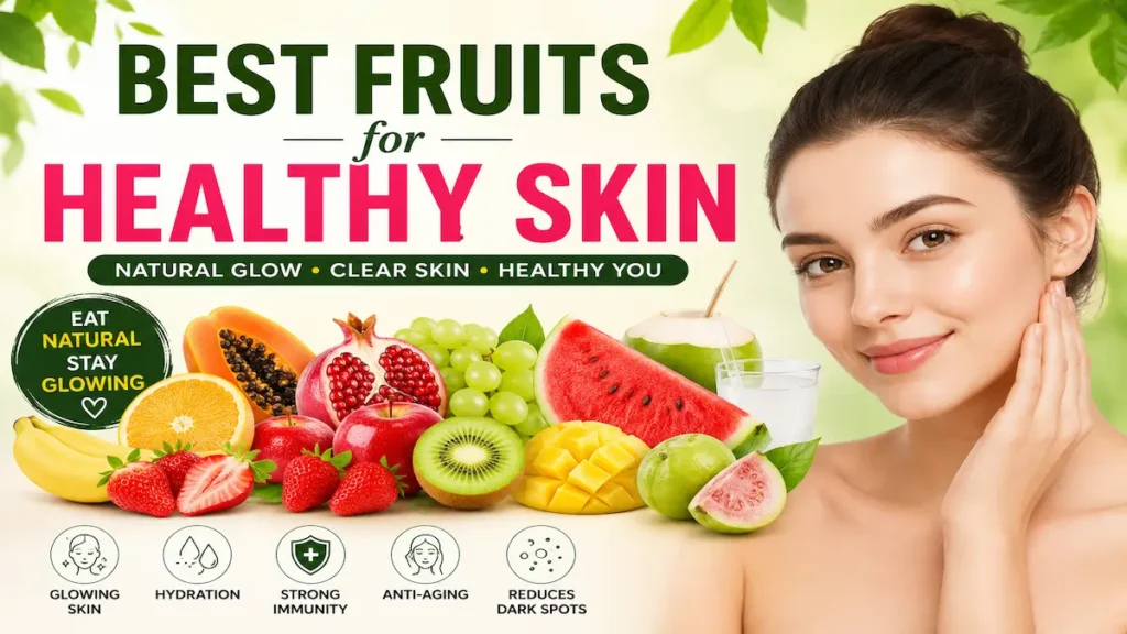 Best Fruits for Healthy Skin: Natural Guide for Glowing Skin Best Fruits for Healthy Skin showing colorful fruits like orange, papaya, apple, banana, watermelon, and kiwi with a glowing healthy skin concept