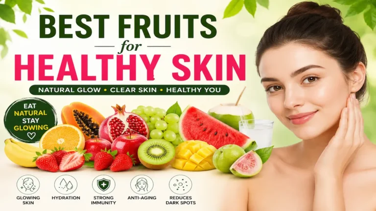 Best Fruits for Healthy Skin showing colorful fruits like orange, papaya, apple, banana, watermelon, and kiwi with a glowing healthy skin concept