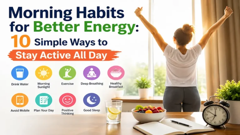 Morning Habits for Better Energy with healthy morning routine including water, exercise, sunlight, and nutritious breakfast