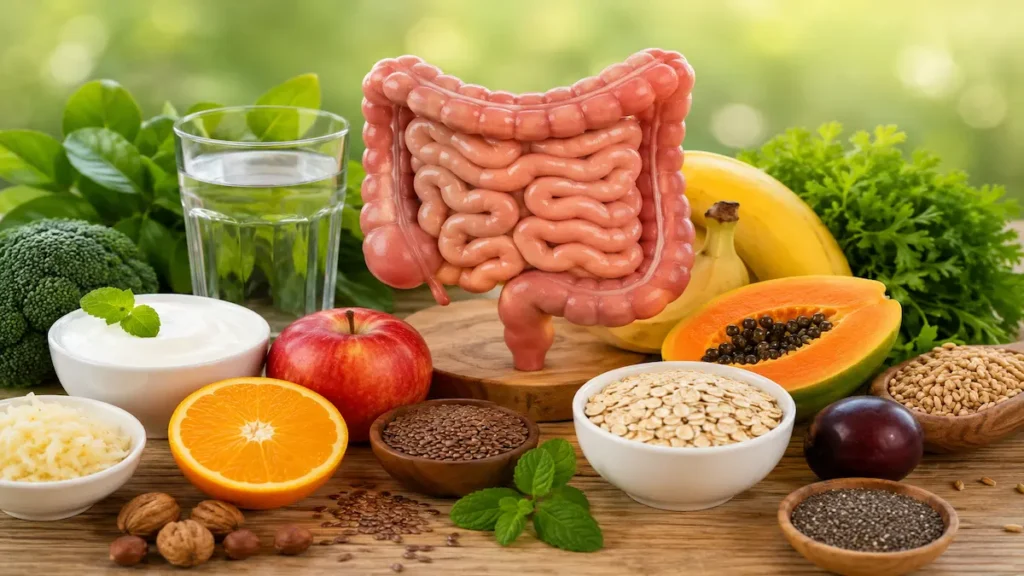 Natural ways to improve digestion with healthy foods, water intake, exercise and lifestyle habits for a healthy digestive system