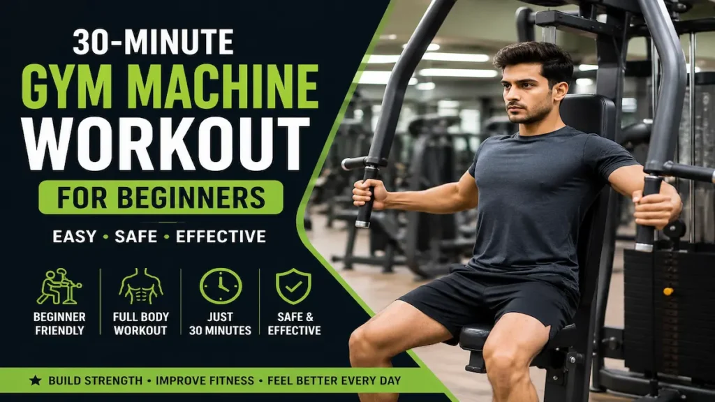 Gym Machine Workout for Beginners performing a full-body workout on gym machines to build strength and fitness.
