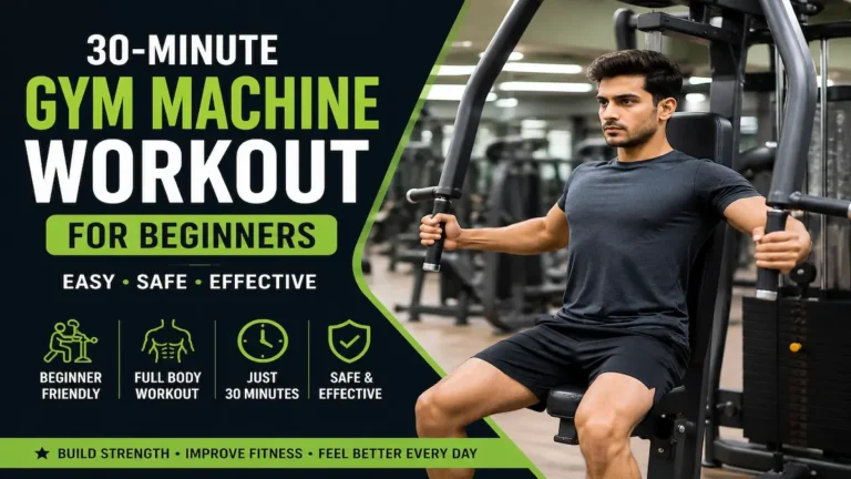 Gym Machine Workout for Beginners performing a full-body workout on gym machines to build strength and fitness.