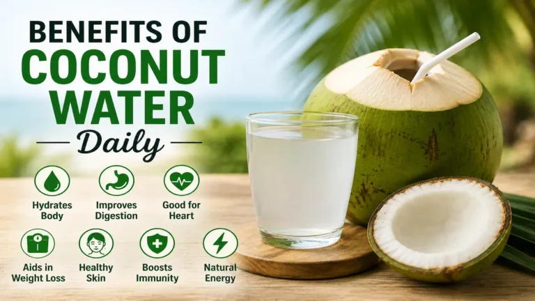 Fresh Coconut Water served from a young green coconut, a natural drink rich in electrolytes for healthy hydration
