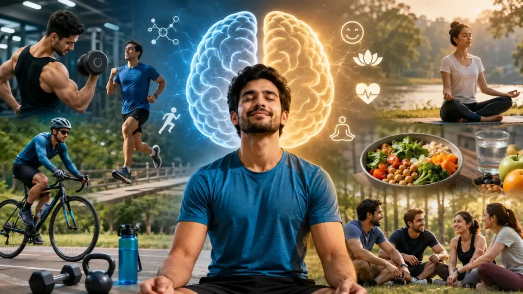 Exercise and Mental Health: 15 Powerful Benefits for Stress, Mood and Well-Being Exercise and mental health benefits illustration showing fitness activities, stress relief, better mood, and brain health