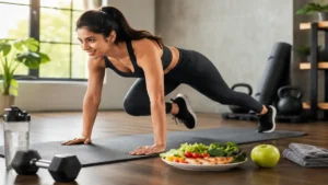 Female doing a fat loss workout at home with healthy food and fitness equipment to burn body fat naturally.