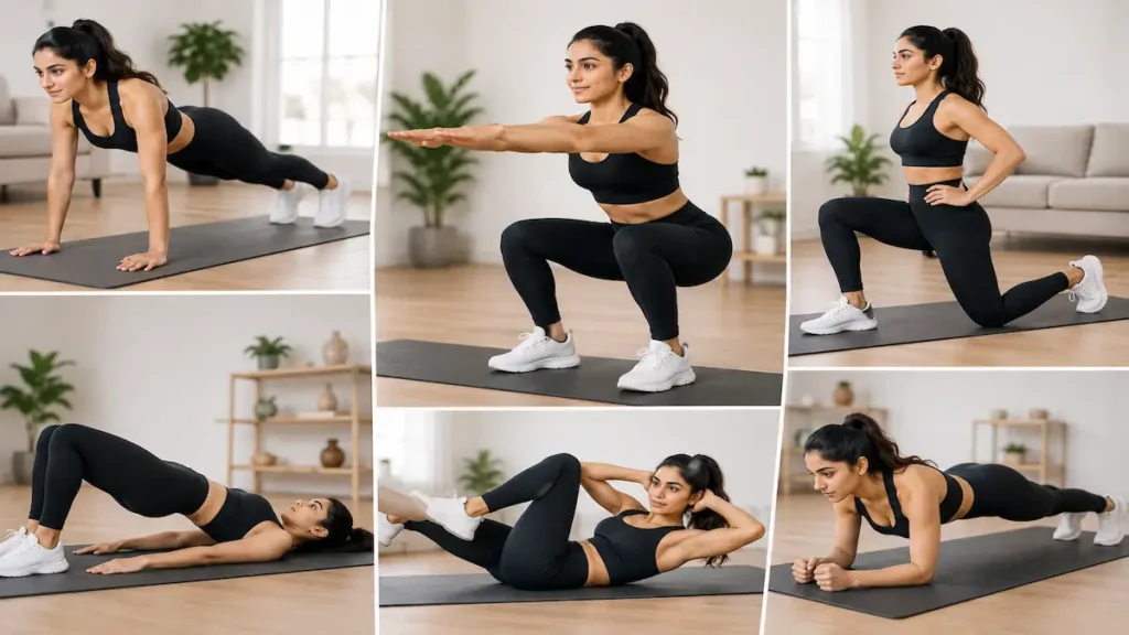 Home Workout Without Equipment: 25 Best Bodyweight Exercises for Fast Fitness Results Woman performing home workout without equipment using bodyweight exercises indoors