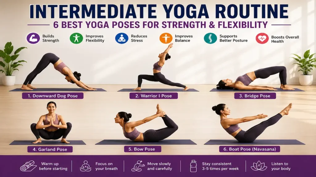 Intermediate yoga routine featuring six yoga poses for strength, flexibility, balance, and full-body fitness.