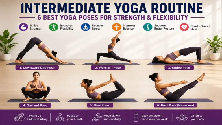 Intermediate yoga routine featuring six yoga poses for strength, flexibility, balance, and full-body fitness.