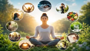 Mental Health Habits showing woman meditating outdoors with icons of sleep, exercise, healthy food, water, journaling and positivity for balanced lifestyle.