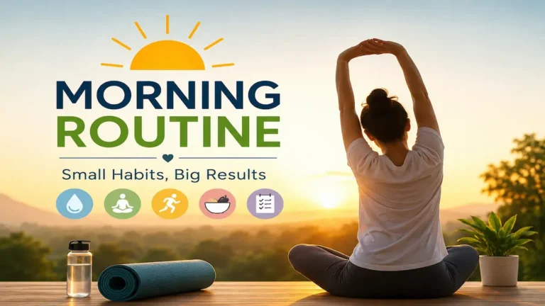 Morning Routine with healthy habits, hydration, exercise, sunlight, and breakfast for a productive day