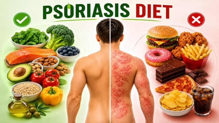 Psoriasis Diet showing healthy foods and unhealthy foods that may affect psoriasis symptoms