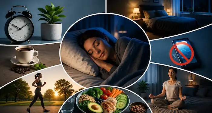Sleep improvement tips collage showing healthy bedtime routine, meditation, exercise, and sleep-friendly environment for better sleep quality.