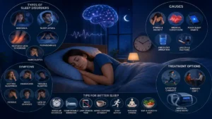 Sleep Disorders infographic showing types, causes, symptoms, treatment, and healthy sleep tips in a visual guide