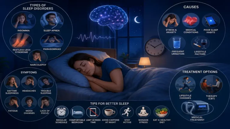 Sleep Disorders infographic showing types, causes, symptoms, treatment, and healthy sleep tips in a visual guide