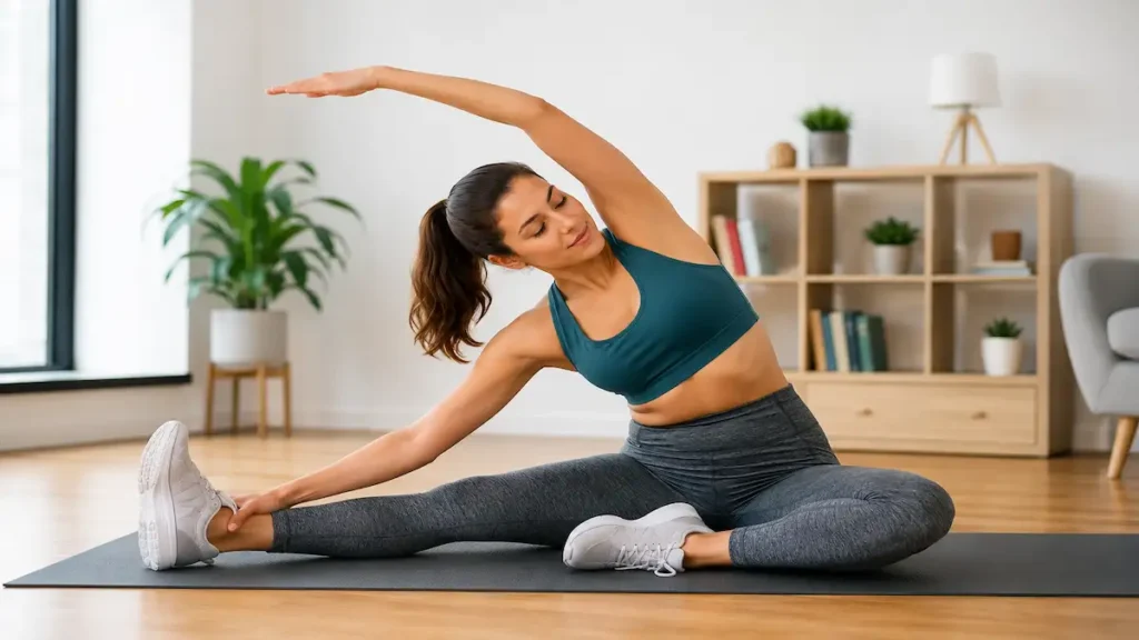 Stretching Benefits seated side stretch exercise for flexibility, posture improvement and back pain relief