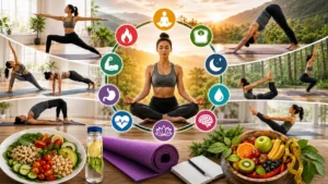 Woman practicing Weight Loss Yoga at home, promoting fitness, flexibility, and healthy lifestyle with wellness concept